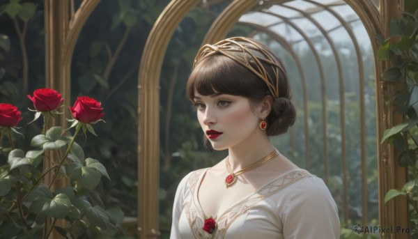 1girl,solo,breasts,short hair,bangs,brown hair,black hair,dress,cleavage,brown eyes,jewelry,collarbone,upper body,flower,hairband,earrings,indoors,necklace,hair bun,white dress,blurry,lips,window,makeup,rose,leaf,looking away,single hair bun,plant,lipstick,red flower,gem,red rose,red lips,medium breasts,closed mouth,parted lips,looking to the side,blurry background,portrait,pendant,mirror,realistic,red gemstone,green gemstone