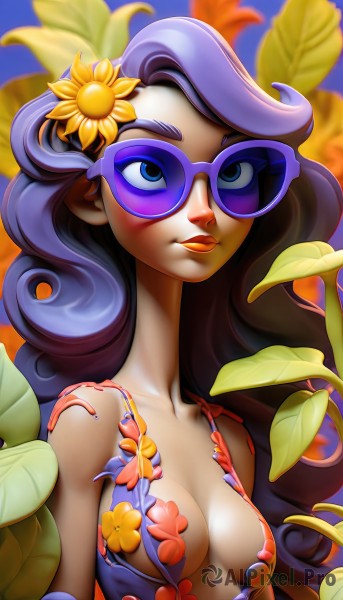 1girl,solo,long hair,breasts,blue eyes,hair ornament,dress,cleavage,bare shoulders,medium breasts,collarbone,swimsuit,upper body,purple hair,flower,day,hair flower,lips,eyelashes,makeup,leaf,floral print,sunglasses,lipstick,eyeshadow,curly hair,sunflower,tinted eyewear,purple-tinted eyewear,looking at viewer,smile,blue hair,small breasts,artist name,blurry,watermark,blue background,wavy hair,thick eyebrows,plant,web address,purple lips