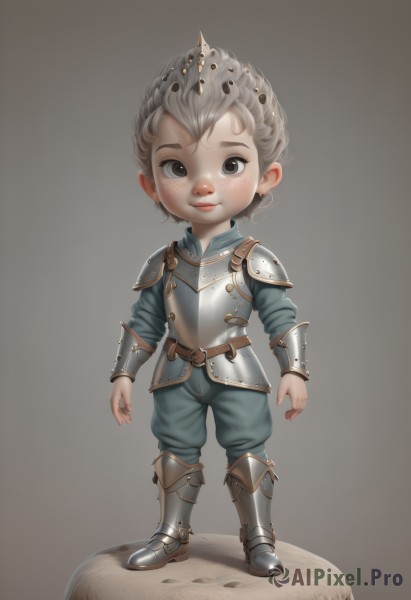 1girl,solo,looking at viewer,short hair,simple background,1boy,jewelry,closed mouth,standing,full body,grey hair,male focus,earrings,boots,pointy ears,belt,pants,grey background,armor,black eyes,grey eyes,crown,shoulder armor,gauntlets,child,freckles,pauldrons,breastplate,fantasy,vambraces,armored boots,male child,greaves,faulds,plate armor,smile,blonde hair,artist name,rock,realistic,faux figurine