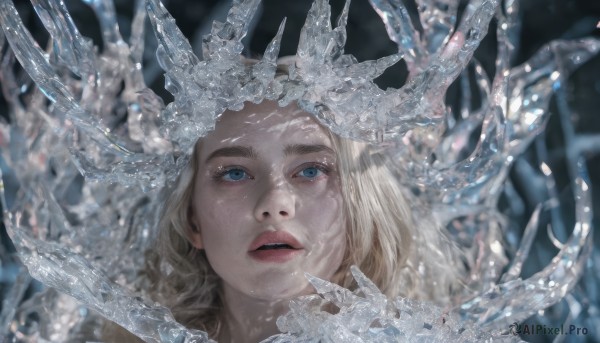 1girl,solo,long hair,looking at viewer,open mouth,blue eyes,blonde hair,parted lips,teeth,blurry,lips,depth of field,blurry background,crown,portrait,freckles,realistic,red lips,upper teeth only,looking up,ice,crystal,nose