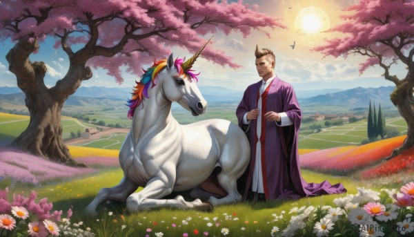 short hair,brown hair,long sleeves,1boy,standing,flower,male focus,multicolored hair,outdoors,horns,sky,day,cloud,wide sleeves,tree,blue sky,petals,bird,animal,sunlight,grass,white flower,cherry blossoms,scenery,single horn,pink flower,robe,mountain,sun,field,horse,spring (season),unicorn,solo,necktie,flower field