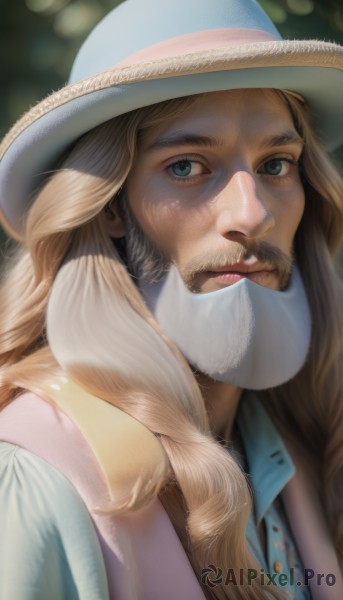 solo,long hair,looking at viewer,blue eyes,blonde hair,brown hair,shirt,1boy,hat,closed mouth,upper body,male focus,blurry,lips,blurry background,facial hair,portrait,beard,realistic,nose,mustache,day,collared shirt,artist name,depth of field,sunlight,blue shirt,dappled sunlight