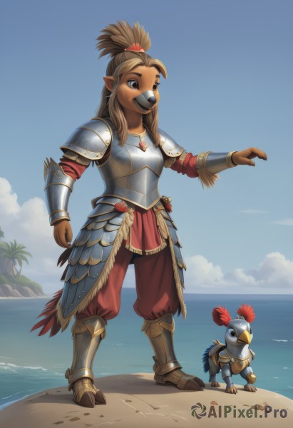 1girl,solo,long hair,smile,brown hair,brown eyes,jewelry,standing,full body,ponytail,sidelocks,boots,outdoors,sky,day,pointy ears,pants,cloud,water,necklace,armor,black eyes,tree,blue sky,bird,ocean,animal,beach,feathers,shoulder armor,gauntlets,furry,pauldrons,breastplate,sand,palm tree,furry female,horizon,vambraces,greaves,faulds,topknot,beak,plate armor,braid,helmet,1other,short ponytail,armored boots,full armor,chainmail