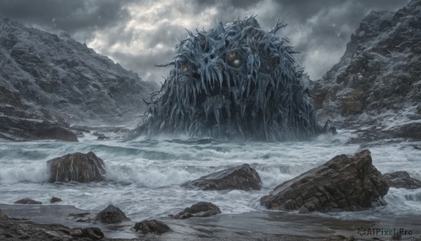 outdoors,sky,cloud,water,tree,no humans,cloudy sky,nature,scenery,snow,skull,monster,rock,mountain,fantasy,fog,grey sky,overcast,yellow eyes,day,glowing,ocean,glowing eyes,snowing