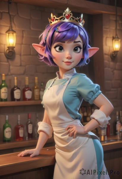 1girl,solo,breasts,looking at viewer,blush,smile,short hair,bangs,hair ornament,dress,closed mouth,green eyes,blue hair,standing,purple hair,short sleeves,cowboy shot,small breasts,pointy ears,puffy sleeves,artist name,indoors,blurry,apron,puffy short sleeves,lips,hand on hip,blue dress,swept bangs,watermark,bottle,tiara,crown,white apron,freckles,lamp,brick wall,bar (place),counter,thick eyebrows,elf,web address