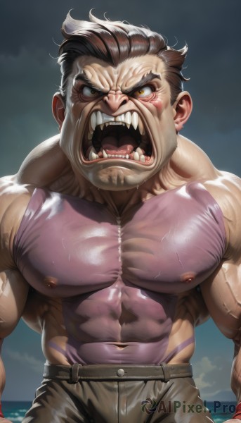 solo,looking at viewer,short hair,open mouth,brown hair,shirt,1boy,navel,brown eyes,nipples,male focus,outdoors,sky,teeth,tongue,pants,wet,muscular,fangs,abs,thick eyebrows,pectorals,muscular male,bara,angry,large pectorals,veins,topless male,manly,brown pants,biceps,thick arms,veiny arms,black hair,sweat,artist name,cloud,ocean,beach,cloudy sky