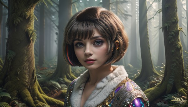 1girl,solo,looking at viewer,short hair,bangs,blue eyes,brown hair,jewelry,upper body,outdoors,parted lips,day,tree,lips,fur trim,eyelashes,makeup,sunlight,bob cut,lipstick,portrait,nature,forest,freckles,realistic,nose,red lips,mascara,earrings,leaf,gem,fantasy