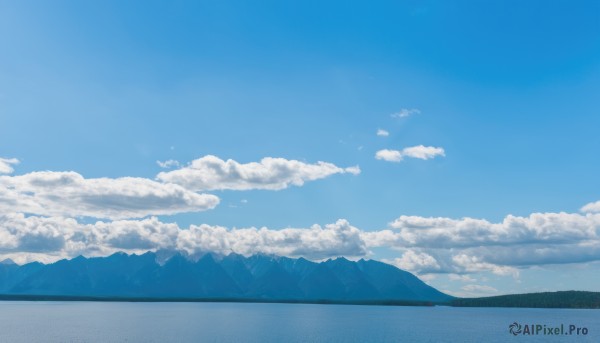 monochrome,outdoors,sky,day,cloud,water,blue sky,no humans,bird,cloudy sky,building,nature,scenery,reflection,blue theme,mountain,horizon,landscape,mountainous horizon,hill