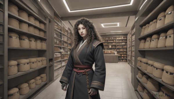 1girl,solo,long hair,looking at viewer,brown hair,black hair,gloves,long sleeves,brown eyes,closed mouth,standing,black gloves,indoors,wide sleeves,fingerless gloves,lips,sash,curly hair,robe,shelf,shop,dress,braid,cowboy shot,food,black eyes,makeup,arms at sides,tiles