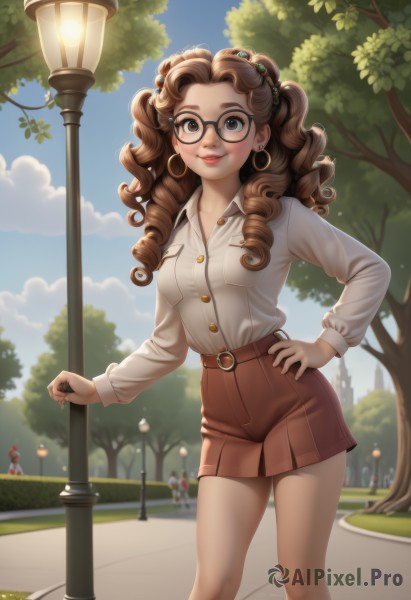 1girl,solo,long hair,breasts,looking at viewer,blush,smile,skirt,brown hair,shirt,hair ornament,long sleeves,brown eyes,jewelry,medium breasts,standing,white shirt,earrings,outdoors,parted lips,sky,glasses,shorts,solo focus,day,collared shirt,belt,artist name,cloud,tree,blue sky,lips,hand on hip,makeup,buttons,watermark,drill hair,web address,freckles,black-framed eyewear,curly hair,pocket,hoop earrings,round eyewear,shirt tucked in,brown belt,breast pocket,lamppost,brown shorts,people,twintails,pantyhose,small breasts,teeth,blurry,dress shirt,blurry background,feet out of frame,bush