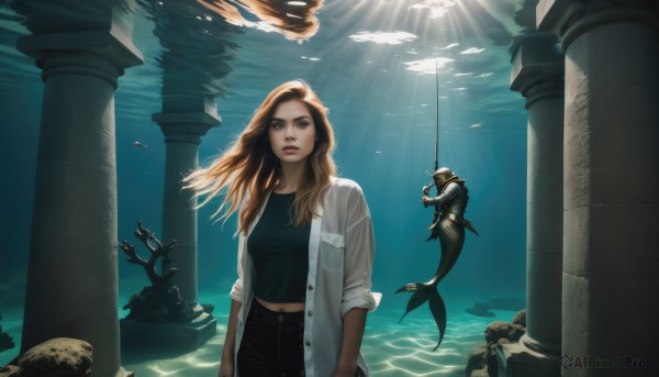 1girl,solo,long hair,looking at viewer,blue eyes,blonde hair,brown hair,shirt,brown eyes,weapon,open clothes,pants,sword,water,lips,ocean,sunlight,denim,polearm,sleeves rolled up,fish,bubble,light rays,underwater,unbuttoned,air bubble,sunbeam,ruins,pillar,statue,swimming,turtle,caustics,column,navel,solo focus,midriff,looking up,monster girl,jeans,rock,realistic,mermaid,monster boy,aquarium