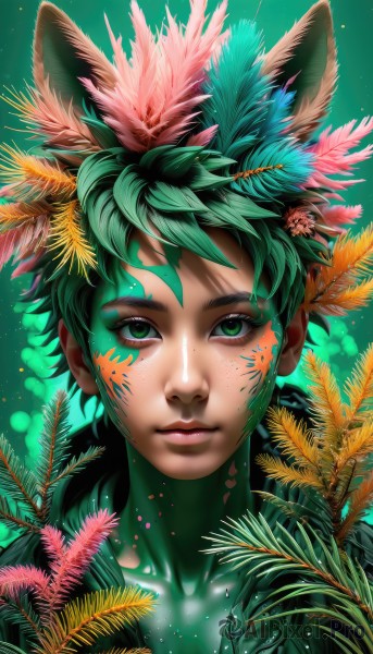 solo,looking at viewer,short hair,bangs,1boy,animal ears,closed mouth,green eyes,upper body,male focus,green hair,artist name,cat ears,lips,bodysuit,makeup,leaf,facial mark,feathers,plant,portrait,eyeshadow,freckles,green background,nose,facepaint,green theme,bodypaint,midoriya izuku,hair ornament,collarbone,flower,eyelashes,watermark,web address,light particles