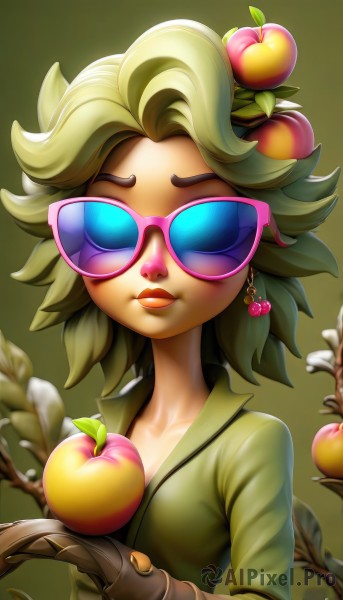 1girl,solo,breasts,looking at viewer,short hair,shirt,hair ornament,gloves,cleavage,jewelry,closed mouth,collarbone,upper body,earrings,small breasts,food,green hair,collared shirt,artist name,lips,makeup,fruit,leaf,sunglasses,lipstick,facing viewer,brown gloves,green shirt,branch,red lips,food-themed hair ornament,peach,tinted eyewear,food on head,blonde hair,holding,glasses,hair flower,holding food,nose,apple,plant girl