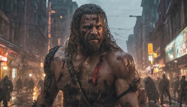 long hair,brown hair,black hair,1boy,upper body,male focus,outdoors,multiple boys,solo focus,dark skin,armor,wet,blood,tattoo,muscular,facial hair,scar,dark-skinned male,pectorals,muscular male,ground vehicle,shoulder armor,building,motor vehicle,beard,scar on face,rain,6+boys,pauldrons,topless male,city,sign,realistic,mustache,scar across eye,road,arm tattoo,chest hair,street,crowd,looking at viewer,closed mouth,standing,sky,torn clothes,night,science fiction,car,cyberpunk