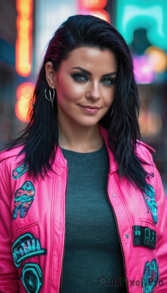 1girl,solo,long hair,looking at viewer,smile,blue eyes,shirt,black hair,brown eyes,jewelry,closed mouth,jacket,upper body,earrings,open clothes,blurry,open jacket,lips,black shirt,eyelashes,makeup,depth of field,blurry background,forehead,freckles,hoop earrings,realistic,nose,pink jacket,cyberpunk,neon lights,breasts,multicolored hair,dark skin,dark-skinned female,lipstick,eyeshadow,eyeliner,mascara