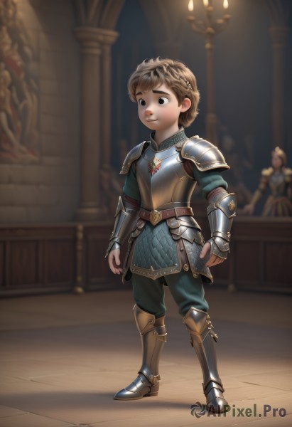 solo,short hair,brown hair,1boy,brown eyes,closed mouth,standing,full body,braid,male focus,boots,solo focus,belt,pants,artist name,indoors,signature,armor,blurry,black eyes,blurry background,shoulder armor,gauntlets,child,1other,pauldrons,breastplate,fantasy,arms at sides,vambraces,armored boots,candle,male child,greaves,faulds,full armor,chainmail,plate armor,smile,teeth,fingerless gloves,knight