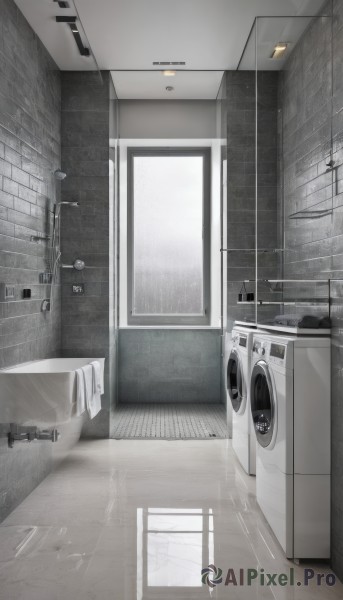 monochrome,greyscale,indoors,no humans,window,scenery,door,tiles,tile floor,bathroom,locker,sink,faucet,air conditioner,washing machine,shadow,towel,reflection,tile wall,kitchen,ceiling light,shower (place),grey theme