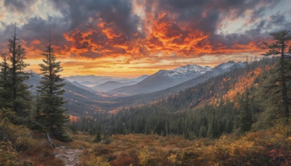 outdoors,sky,cloud,water,tree,no humans,cloudy sky,grass,nature,scenery,forest,sunset,mountain,river,evening,landscape,mountainous horizon,orange sky,sunlight,sun,red sky