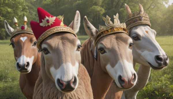 looking at viewer,hat,brown eyes,outdoors,day,tree,no humans,animal,grass,crown,plant,nature,scenery,red headwear,forest,riding,animal focus,horse,signature,rabbit,realistic,cow,goat