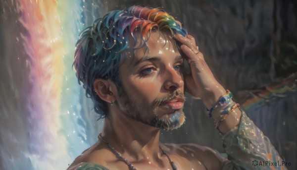 solo,short hair,blue eyes,black hair,1boy,jewelry,blue hair,upper body,male focus,multicolored hair,earrings,hand up,dark skin,water,necklace,bracelet,lips,wet,facial hair,dark-skinned male,portrait,wet clothes,beard,rain,hand in own hair,realistic,nose,mustache,wet hair,waterfall,tongue,star (symbol),two-tone hair,facial mark,piercing,water drop,rainbow