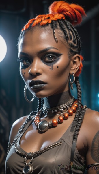 1girl,solo,breasts,looking at viewer,black hair,hair ornament,cleavage,bare shoulders,jewelry,medium breasts,upper body,braid,red hair,multicolored hair,earrings,parted lips,teeth,choker,dark skin,necklace,orange hair,blurry,black eyes,two-tone hair,dark-skinned female,lips,eyelashes,tattoo,makeup,blurry background,headband,facial mark,tank top,feathers,lipstick,armlet,eyeshadow,beads,hoop earrings,nose,facepaint,very dark skin,dreadlocks,black lips,large breasts,shirt,mole,night,piercing,moon,forehead,facial tattoo