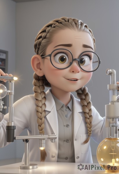 1girl,solo,long hair,looking at viewer,smile,open mouth,brown hair,shirt,long sleeves,holding,twintails,brown eyes,upper body,braid,parted lips,glasses,teeth,collared shirt,indoors,blurry,twin braids,buttons,thick eyebrows,child,forehead,freckles,black-framed eyewear,round eyewear,labcoat,female child,test tube,flask,brown-framed eyewear,blush,white shirt,blurry background