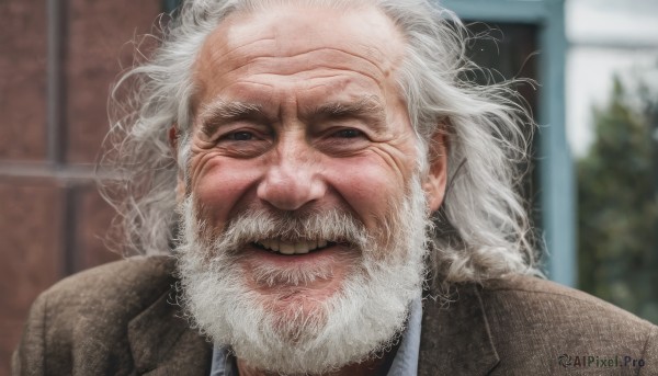 solo,looking at viewer,smile,shirt,1boy,jacket,upper body,white hair,male focus,teeth,collared shirt,grin,blurry,blurry background,facial hair,messy hair,portrait,beard,brown jacket,realistic,mustache,manly,old,old man,wrinkled skin,grey hair,day,indoors,black eyes,tree,lips,depth of field,scar,brown coat