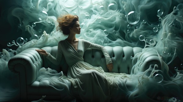 1girl,solo,short hair,blonde hair,brown hair,long sleeves,dress,sitting,closed mouth,collarbone,dark skin,white dress,dark-skinned female,profile,looking away,couch,bubble,underwater,air bubble,on couch,armchair,artist name,lips,watermark,bandages,curly hair,bandaged arm,nose