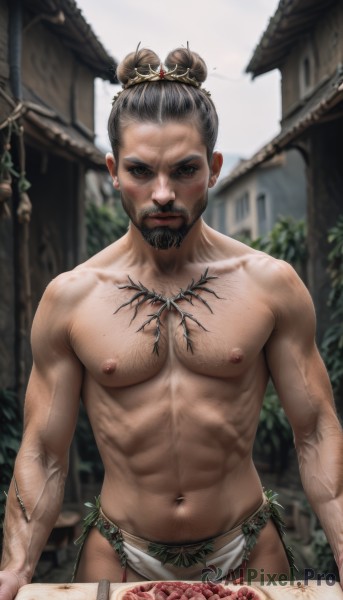 solo,looking at viewer,blush,brown hair,black hair,1boy,navel,holding,brown eyes,jewelry,nipples,standing,collarbone,male focus,earrings,outdoors,food,day,stomach,hair bun,blurry,double bun,muscular,blurry background,facial hair,abs,table,single hair bun,knife,pectorals,muscular male,building,bara,beard,plate,topless male,realistic,mustache,fork,dirty,chest hair,loincloth,meat,navel hair,steak,hair ornament,closed mouth,necklace,tattoo,fruit,depth of field,scar,serious,architecture