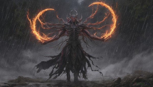 solo,1boy,standing,full body,male focus,outdoors,sky,cloud,hood,torn clothes,no humans,glowing,cloudy sky,fire,glowing eyes,claws,hood up,rain,monster,ribs,skeleton,extra arms,holding,skull,magic,flame