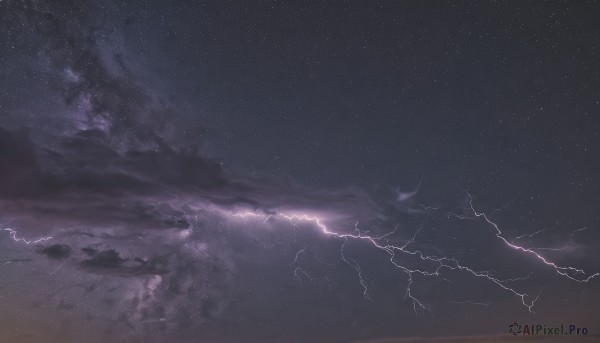 outdoors,sky,cloud,no humans,night,cloudy sky,star (sky),night sky,scenery,starry sky,reflection,horizon,electricity,lightning,moon,dark,crescent moon,landscape