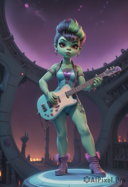 1girl,solo,breasts,looking at viewer,short hair,red eyes,jewelry,medium breasts,standing,full body,multicolored hair,earrings,boots,green hair,shorts,vest,bracelet,leotard,lips,short shorts,colored skin,instrument,armlet,colored sclera,guitar,ankle boots,green skin,playing instrument,electric guitar,zombie,mohawk,skull earrings,goblin,smile,navel,holding,purple hair,small breasts,shoes,midriff,mole,high heels,two-tone hair,crop top,fur trim,eyelashes,strapless,makeup,night,watermark,lipstick,armband,web address,eyeshadow,asymmetrical hair,hoop earrings,nose,bangle,eyeliner,tube top,purple footwear,multicolored skin,open vest,green lips