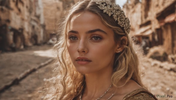 1girl,solo,long hair,looking at viewer,blonde hair,brown hair,hair ornament,jewelry,flower,earrings,outdoors,parted lips,day,hair flower,necklace,blurry,lips,grey eyes,eyelashes,depth of field,blurry background,wavy hair,portrait,snow,freckles,realistic,nose,teeth,sunlight