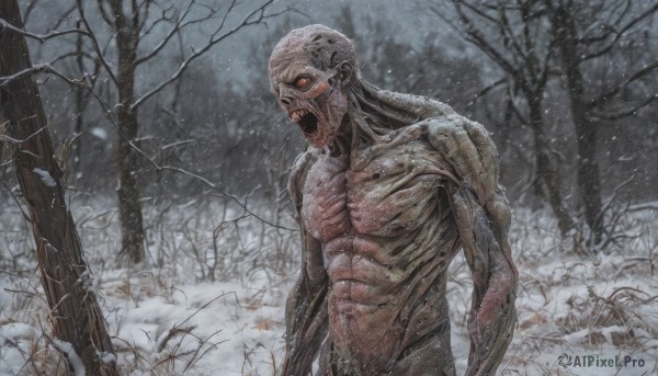 solo,open mouth,red eyes,1boy,standing,male focus,outdoors,teeth,tree,no humans,muscular,nature,snow,forest,science fiction,monster,snowing,realistic,bare tree,extra eyes,alien,horror (theme),sharp teeth