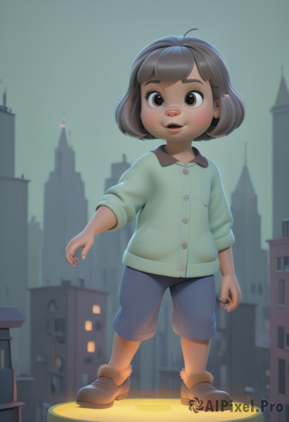 1girl,solo,looking at viewer,smile,short hair,open mouth,bangs,brown hair,shirt,brown eyes,standing,full body,outdoors,shoes,shorts,artist name,lips,brown footwear,thick eyebrows,building,child,blue shorts,city,female child,nail polish