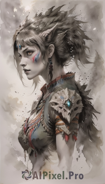 1girl,solo,breasts,short hair,brown hair,hair ornament,cleavage,brown eyes,jewelry,medium breasts,upper body,ponytail,grey hair,earrings,parted lips,necklace,armor,from side,lips,profile,makeup,facial mark,feathers,shoulder armor,feather hair ornament,facepaint,braid,skull,realistic