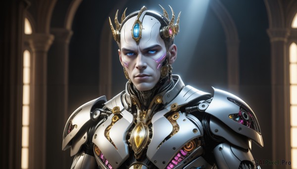 HQ,solo,looking at viewer,blue eyes,1boy,upper body,male focus,indoors,armor,lips,glowing,helmet,gem,science fiction,realistic,nose,android,cyborg,alien,power armor,jewelry,closed mouth,earrings,colored skin,portrait,bald