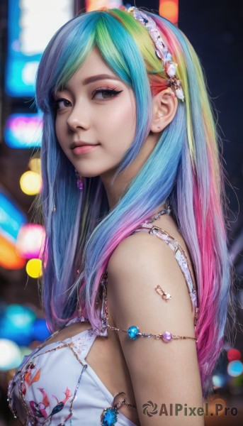 1girl,solo,long hair,breasts,looking at viewer,smile,bangs,large breasts,dress,cleavage,bare shoulders,jewelry,medium breasts,closed mouth,blue hair,upper body,pink hair,multicolored hair,hairband,earrings,green hair,necklace,white dress,blurry,from side,two-tone hair,lips,looking to the side,eyelashes,aqua hair,sideboob,gradient hair,makeup,depth of field,blurry background,swept bangs,piercing,gem,armlet,realistic,nose,rainbow hair,brown eyes,streaked hair,chain,watermark,bokeh