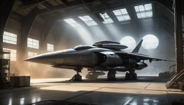 HQ,indoors,signature,military,no humans,window,sunlight,scenery,science fiction,light rays,realistic,aircraft,military vehicle,airplane,sunbeam,vehicle focus,spacecraft,jet,fighter jet,box,reflection,cockpit,pilot