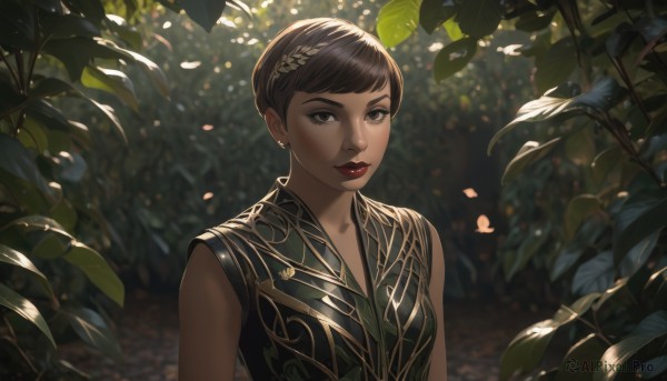 1girl,solo,looking at viewer,short hair,bangs,brown hair,black hair,hair ornament,bare shoulders,brown eyes,jewelry,upper body,braid,earrings,outdoors,parted lips,sleeveless,day,dark skin,blurry,dark-skinned female,lips,petals,makeup,blurry background,leaf,plant,lipstick,nose,red lips,breasts,dress,closed mouth,sleeveless dress,sunlight,nature,stud earrings,crown braid