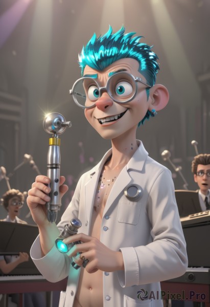 looking at viewer,smile,short hair,open mouth,blue eyes,brown hair,shirt,navel,holding,jewelry,blue hair,white shirt,male focus,earrings,multiple boys,open clothes,necktie,glasses,teeth,solo focus,indoors,necklace,grin,aqua eyes,coat,open shirt,aqua hair,piercing,formal,ring,3boys,suit,instrument,pocket,4boys,glint,round eyewear,music,labcoat,navel piercing,playing instrument,drum,piano,spotlight,1boy,fangs,sharp teeth,goggles,male child