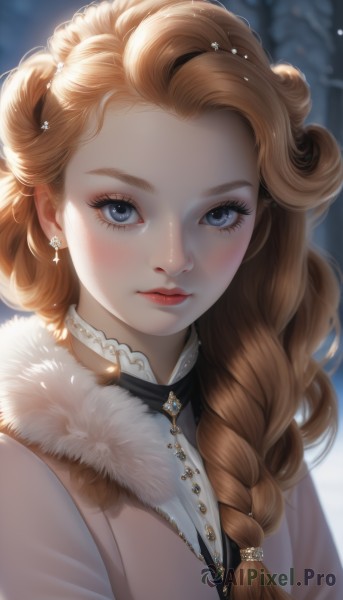 1girl,solo,long hair,looking at viewer,blush,blue eyes,blonde hair,hair ornament,jewelry,closed mouth,upper body,braid,earrings,outdoors,artist name,necklace,blurry,lips,coat,fur trim,eyelashes,single braid,makeup,depth of field,blurry background,gem,portrait,hair over shoulder,snow,freckles,curly hair,snowing,winter clothes,red lips,winter,snowflake hair ornament,brown hair,thick eyebrows,eyeshadow,realistic,nose,mascara