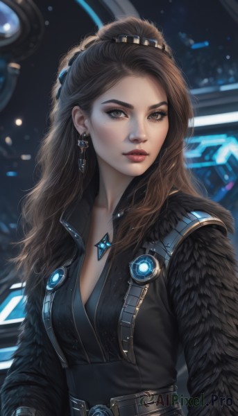 1girl,solo,long hair,breasts,looking at viewer,brown hair,cleavage,brown eyes,jewelry,closed mouth,upper body,ponytail,earrings,belt,necklace,mole,lips,mole under eye,makeup,lipstick,freckles,science fiction,realistic,nose,red lips,medium breasts,artist name,wavy hair,feathers,forehead,eyeshadow