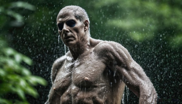 solo,1boy,closed mouth,nipples,upper body,male focus,outdoors,blurry,wet,muscular,blurry background,facial hair,parody,sunglasses,rain,water drop,realistic,mustache,bald,manly,old,chest hair,old man,white hair,nude,topless male