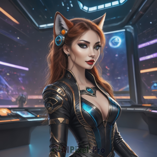 1girl,solo,long hair,breasts,looking at viewer,smile,large breasts,brown hair,hair ornament,animal ears,cleavage,brown eyes,jewelry,medium breasts,upper body,earrings,artist name,indoors,cat ears,lips,fox ears,bodysuit,makeup,lipstick,forehead,eyeshadow,science fiction,nose,black bodysuit,red lips,eyeliner,monitor,long sleeves,closed mouth,yellow eyes,signature,mole,blurry,headgear,wavy hair,skin tight,extra ears,zipper,freckles,realistic