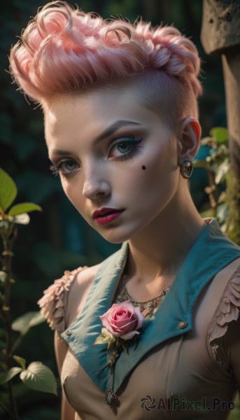 1girl,solo,breasts,looking at viewer,short hair,dress,jewelry,upper body,pink hair,flower,earrings,small breasts,outdoors,frills,parted lips,sleeveless,artist name,necklace,hair bun,mole,blurry,lips,grey eyes,eyelashes,mole under eye,makeup,blurry background,rose,leaf,plant,lipstick,pink flower,eyeshadow,freckles,realistic,nose,red lips,eyeliner,pink rose,mascara,blue eyes,facial mark,curly hair,facepaint