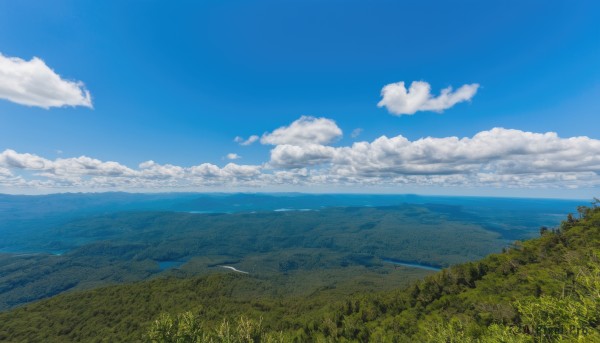 outdoors,sky,day,cloud,water,tree,blue sky,no humans,ocean,cloudy sky,grass,nature,scenery,forest,mountain,horizon,field,landscape,mountainous horizon,hill,island