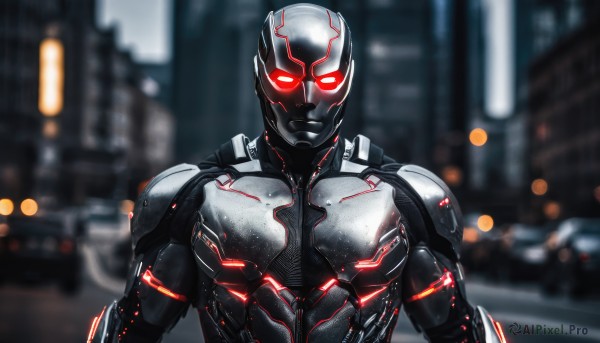 solo,looking at viewer,red eyes,1boy,upper body,male focus,armor,blurry,bodysuit,muscular,blurry background,glowing,building,glowing eyes,motor vehicle,science fiction,city,car,power armor,outdoors,mask,night,depth of field,superhero,neon trim