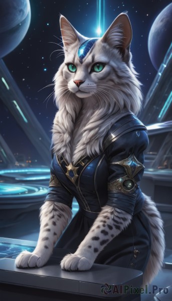 1girl,solo,breasts,looking at viewer,dress,animal ears,medium breasts,closed mouth,green eyes,jacket,tail,short sleeves,artist name,indoors,signature,black dress,aqua eyes,no humans,cat,slit pupils,gem,star (sky),furry,sleeves rolled up,animal hands,furry female,space,body fur,white fur,forehead jewel,planet,animal nose,whiskers,fluffy,sitting,sky,cat ears,cat tail,animal,starry sky,earth (planet)