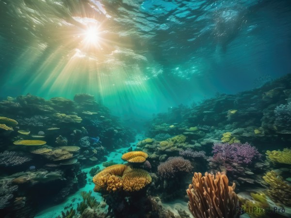 outdoors,sky,cloud,water,no humans,ocean,sunlight,nature,scenery,fish,light rays,rock,underwater,sunbeam,turtle,coral,tree,bubble,air bubble